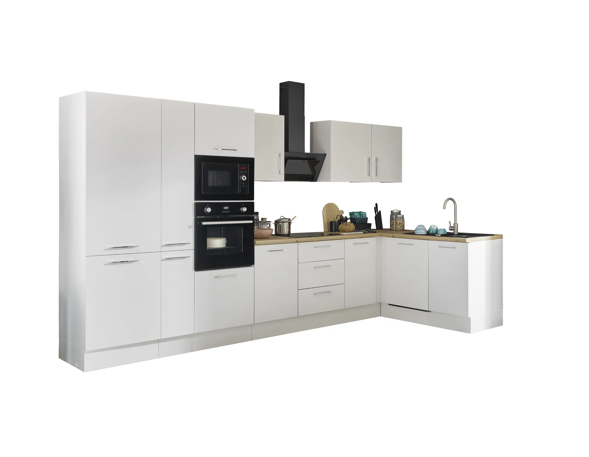 Küchenblock mit E-Geräten CORNWALL (Ecke-Backofen-Geschirrspüler-Kühlschrank-Mikrowelle-Apotheker) II