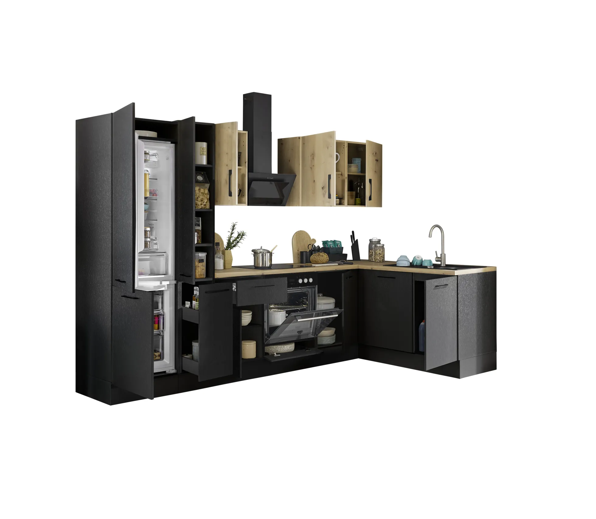 Küchenblock mit E-Geräten CORNWALL (Ecke-Geschirrspüler-Kühlschrank-Apotheker) IV