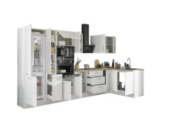 Küchenblock mit E-Geräten CORNWALL (Ecke-Backofen-Kühlschrank-Mikrowelle-Apotheker) II