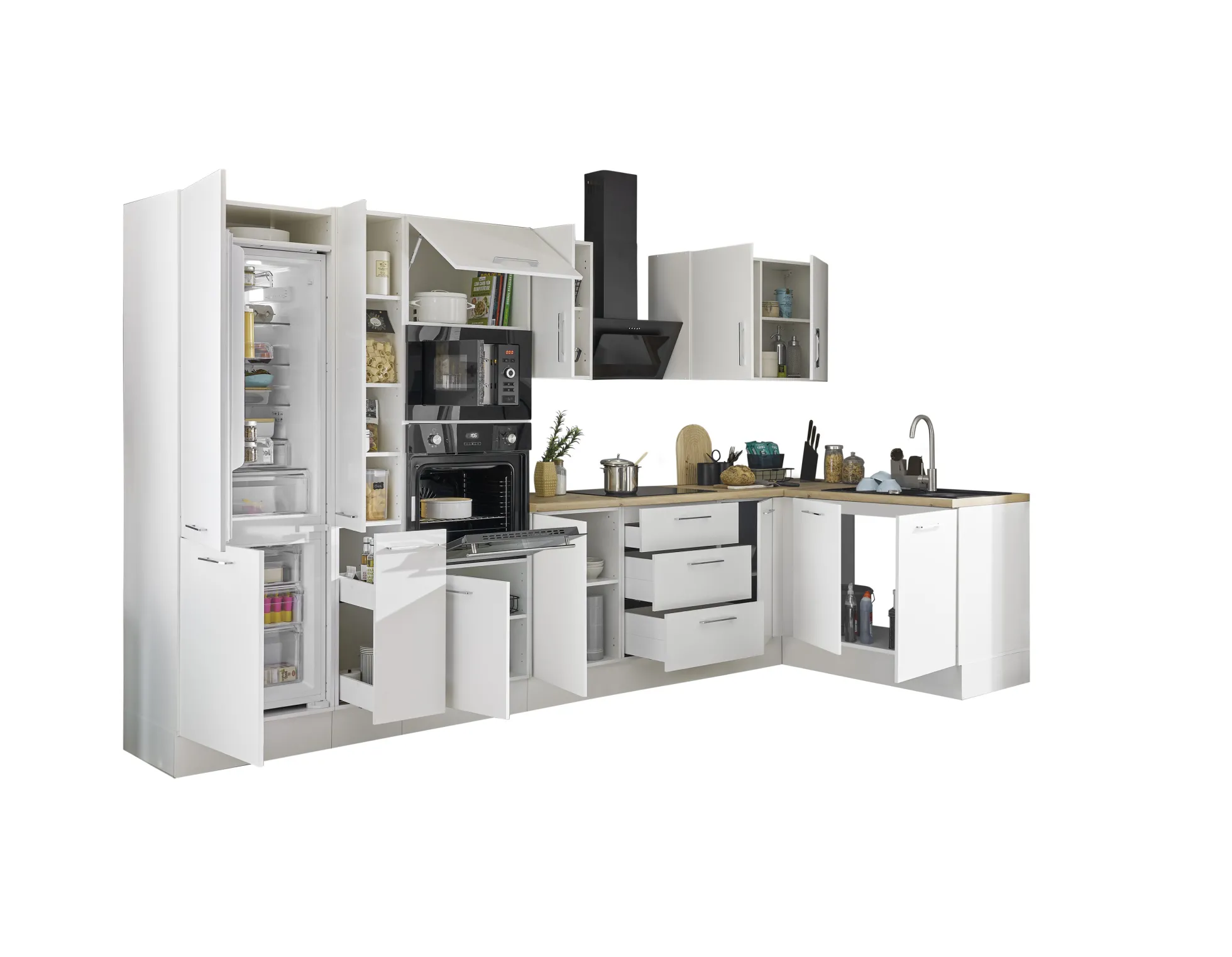 Küchenblock mit E-Geräten CORNWALL (Ecke-Backofen-Kühlschrank-Mikrowelle-Apotheker) II