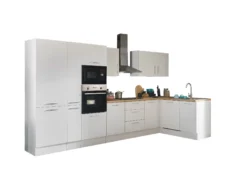 Küchenblock mit E-Geräten CORNWALL (Ecke-Backofen-Geschirrspüler-Kühlschrank-Mikrowelle-Apotheker) I