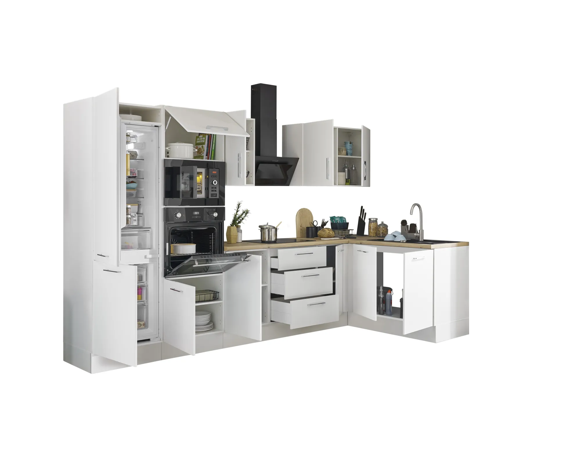 Küchenblock mit E-Geräten CORNWALL (Ecke-Backofen-Kühlschrank-Mikrowelle) II