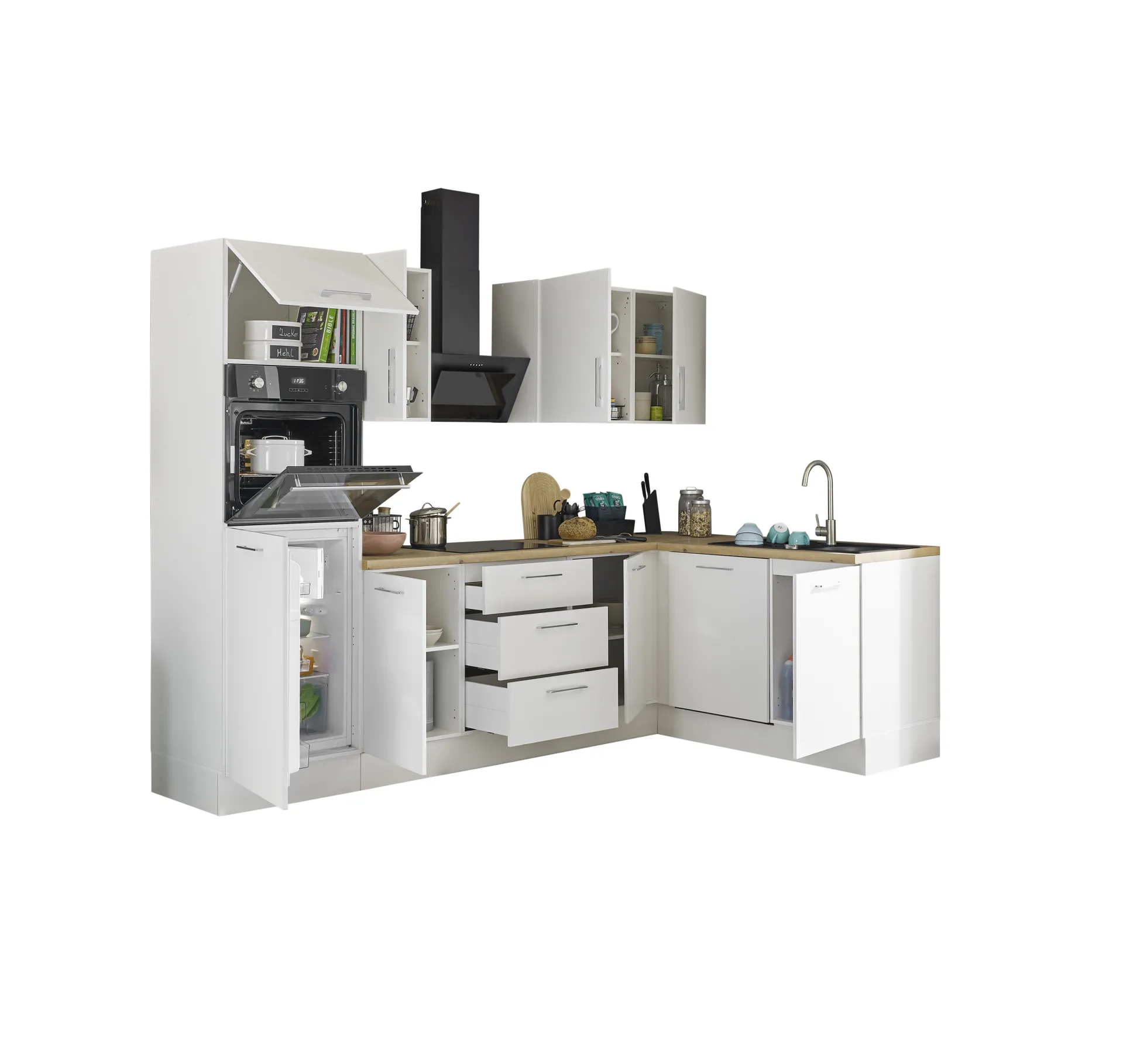 Küchenblock mit E-Geräten CORNWALL (Ecke-Backofen-Geschirrspüler-Kühlschrank) II