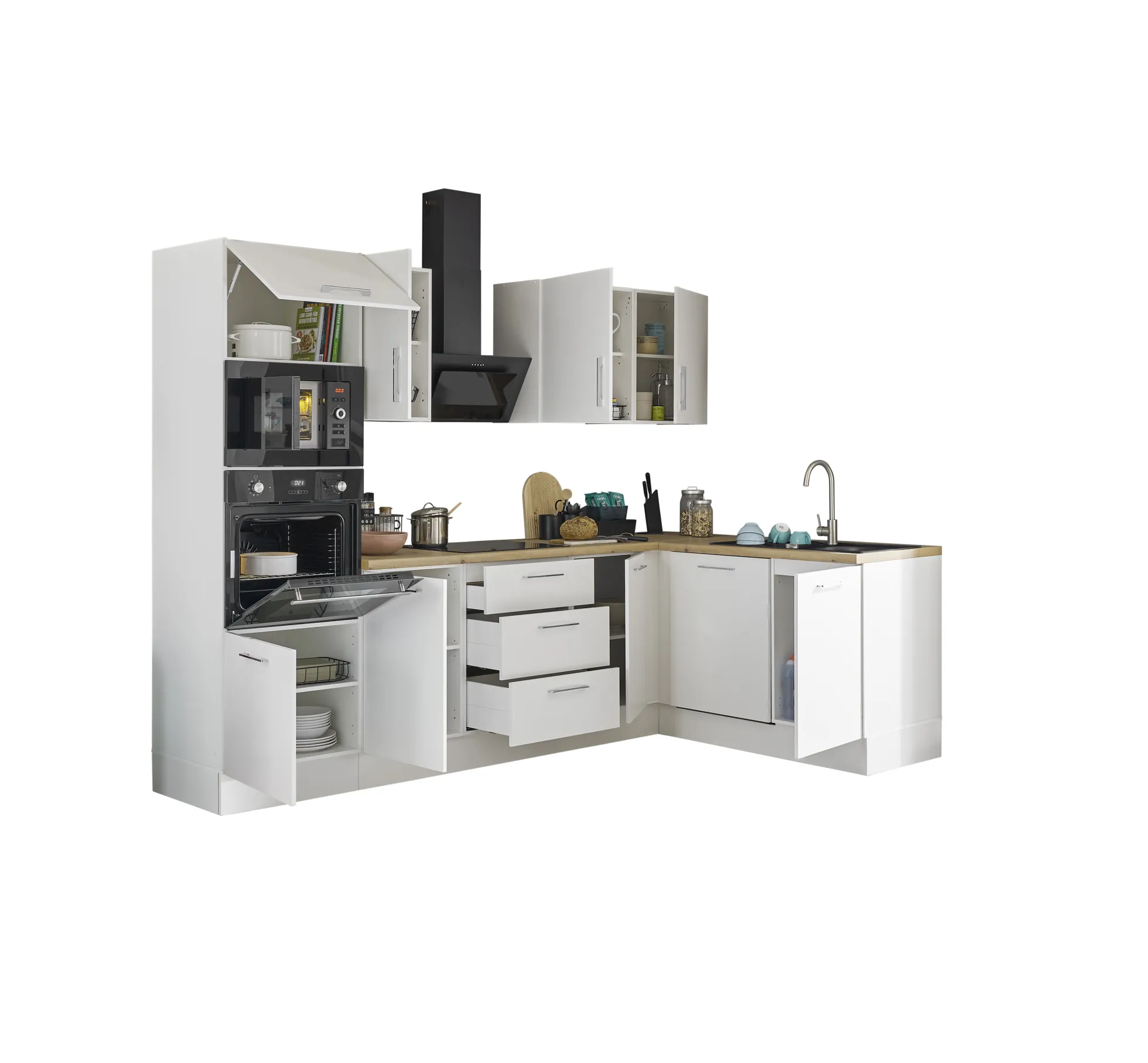 Küchenblock mit E-Geräten CORNWALL (Ecke-Backofen-Geschirrspüler-Mikrowelle) II