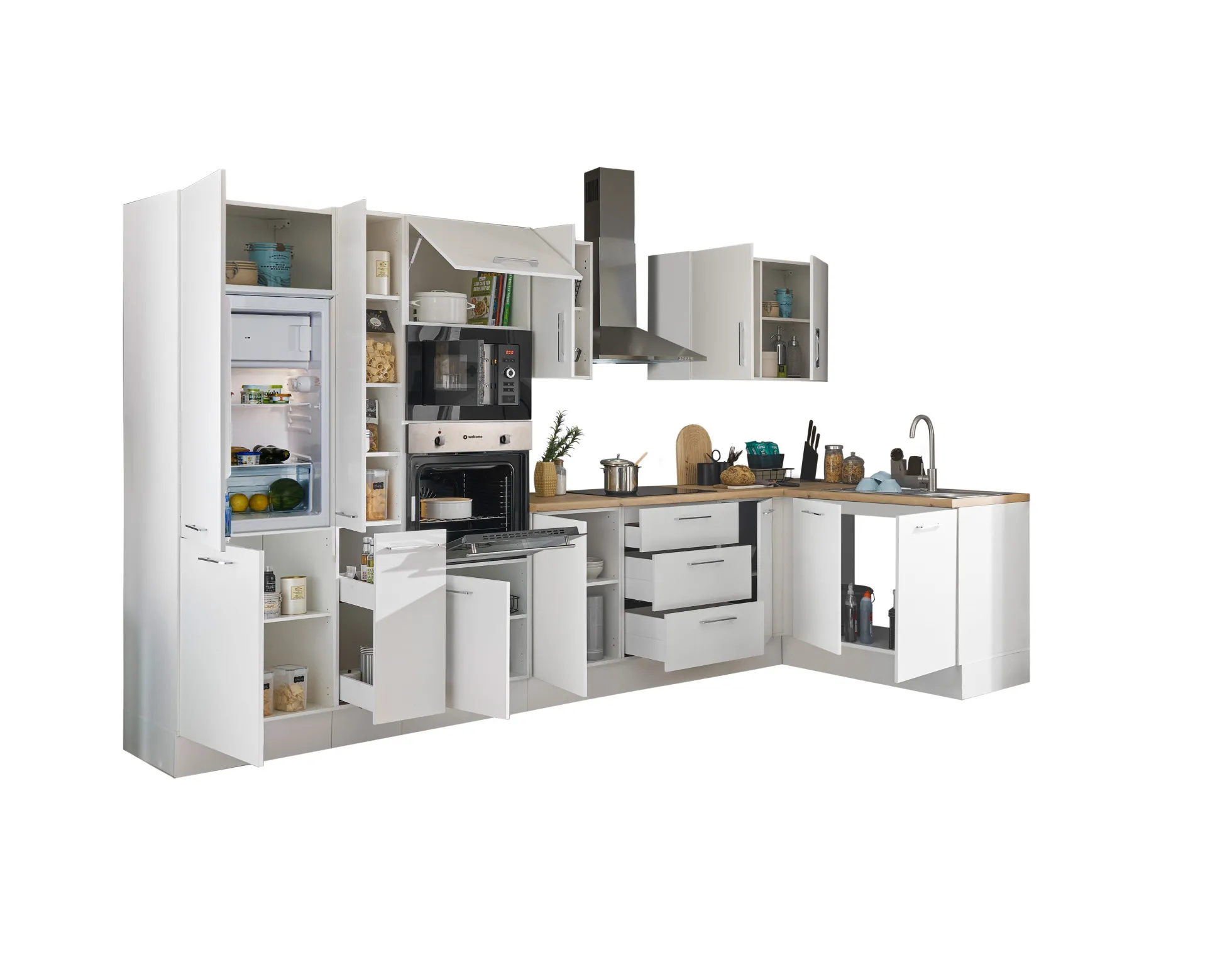 Küchenblock mit E-Geräten CORNWALL (Ecke-Backofen-Kühlschrank-Mikrowelle-Apotheker) I