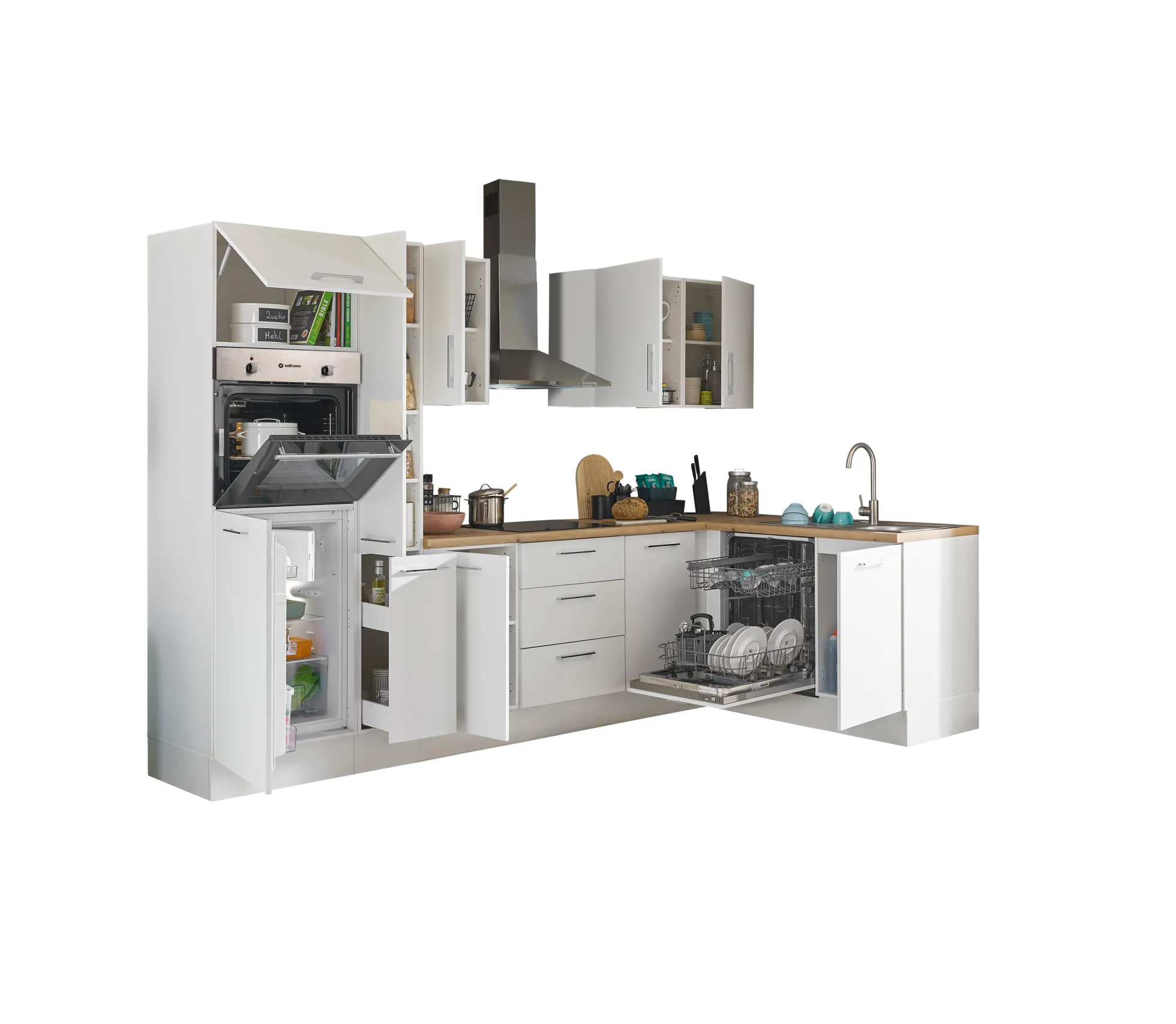 Küchenblock mit E-Geräten CORNWALL (Ecke-Backofen-Geschirrspüler-Kühlschrank) III