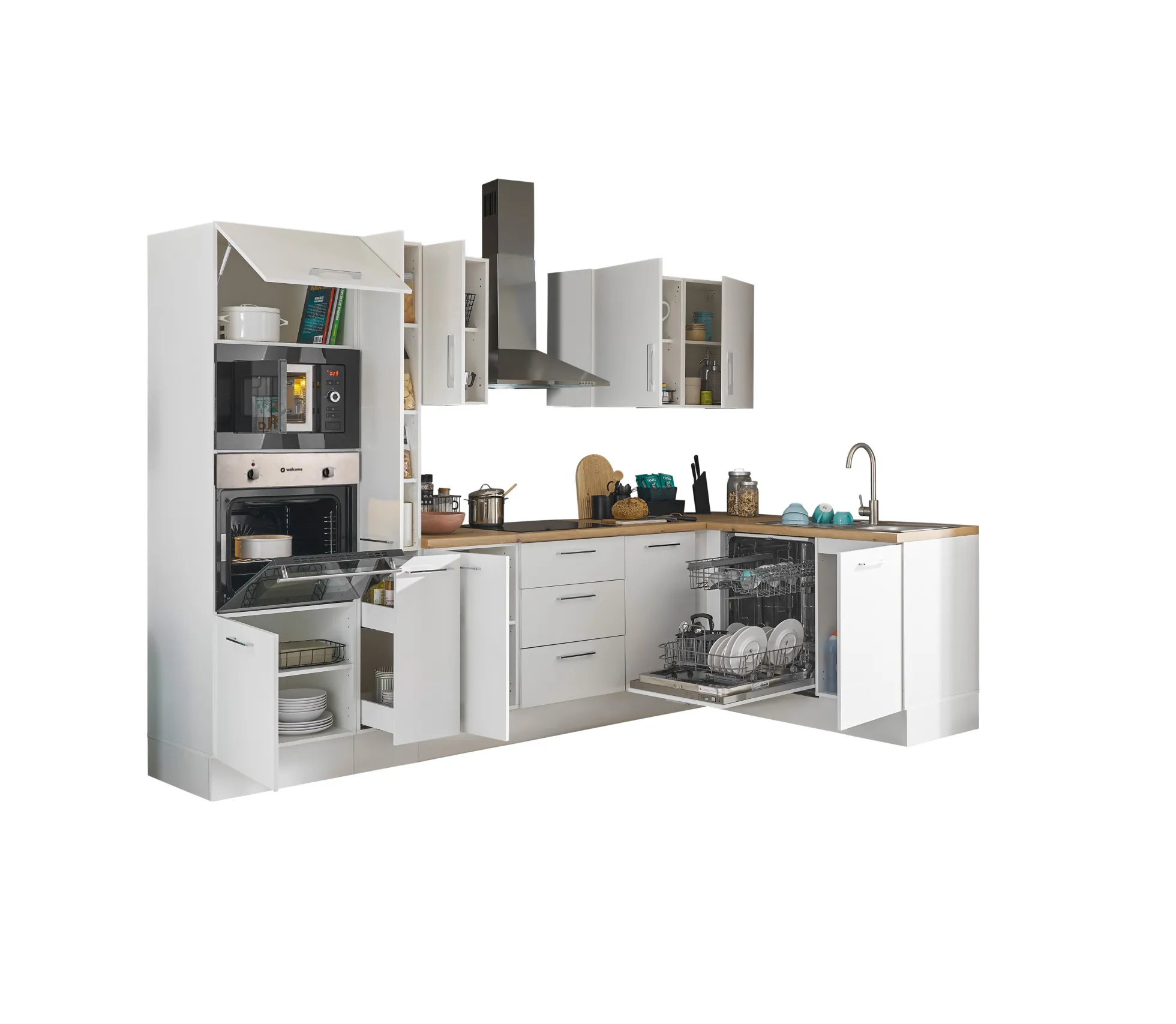 Küchenblock mit E-Geräten CORNWALL (Ecke-Backofen-Geschirrspüler-Mikrowelle) III