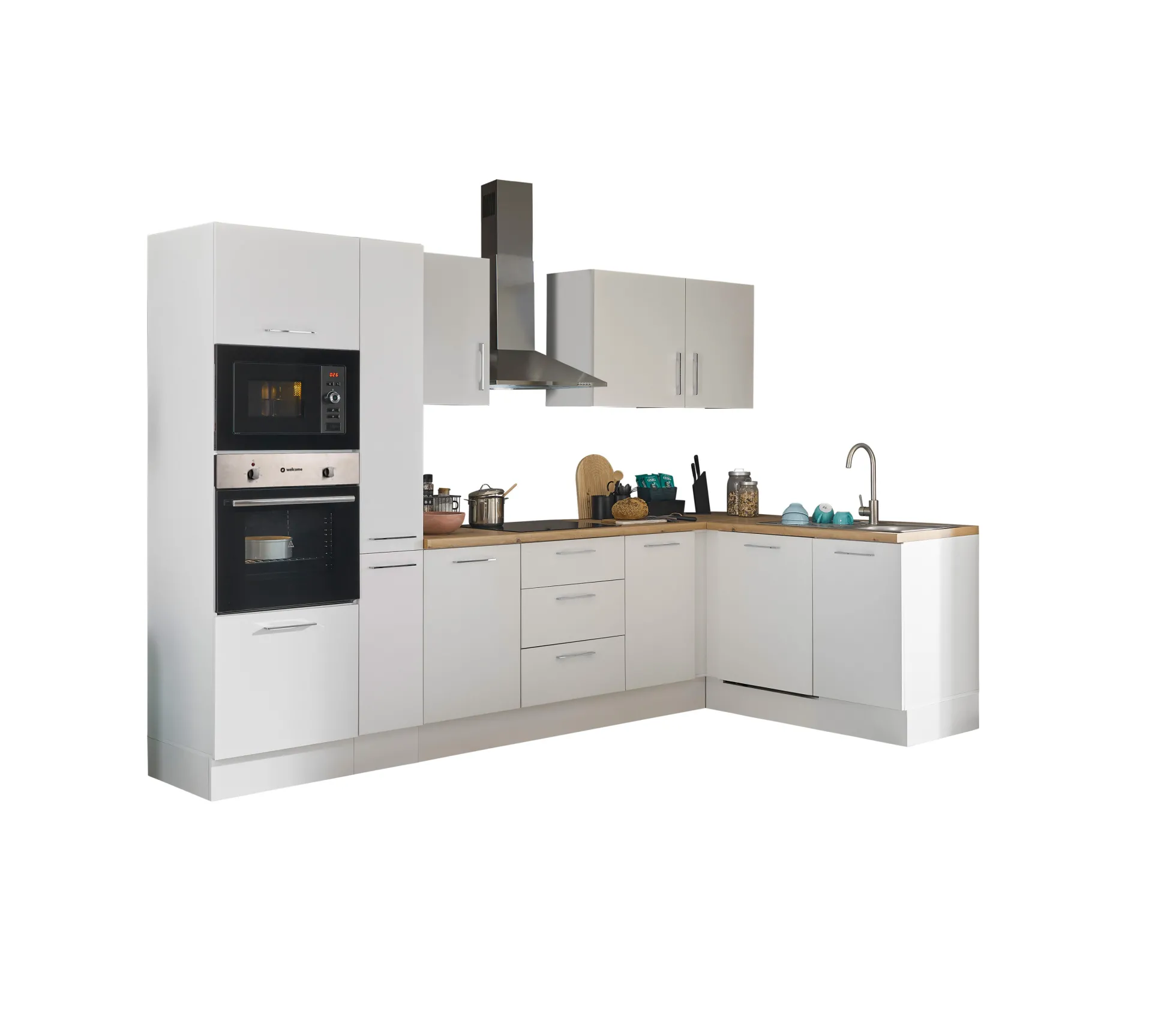 Küchenblock mit E-Geräten CORNWALL (Ecke-Backofen-Geschirrspüler-Mikrowelle) III
