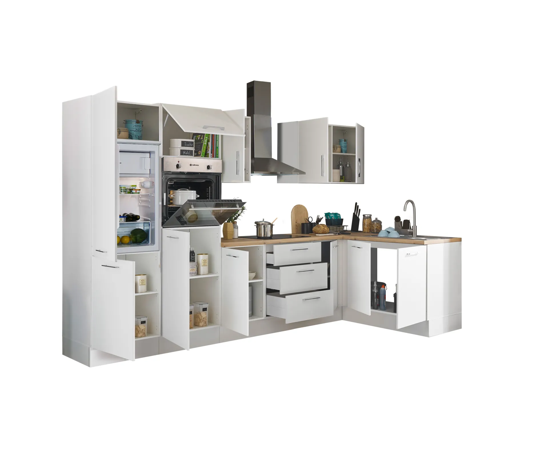 Küchenblock mit E-Geräten CORNWALL (Ecke-Backofen-Kühlschrank) III