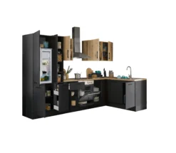 Küchenblock mit E-Geräten CORNWALL (Ecke-Geschirrspüler-Kühlschrank-Apotheker) III