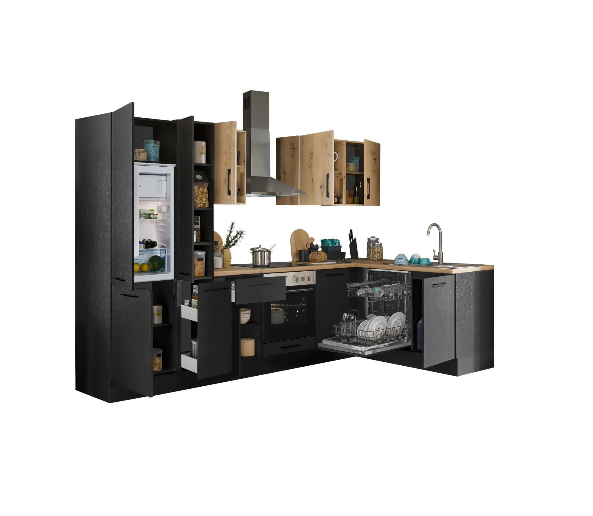 Küchenblock mit E-Geräten CORNWALL (Ecke-Geschirrspüler-Kühlschrank-Apotheker) III