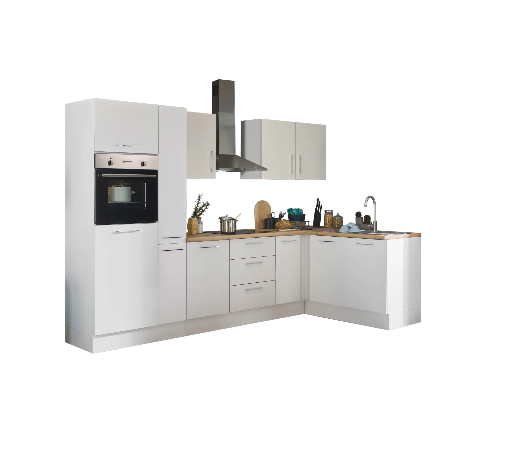 Küchenblock mit E-Geräten CORNWALL (Ecke-Backofen-Kühlschrank-Apotheker) I