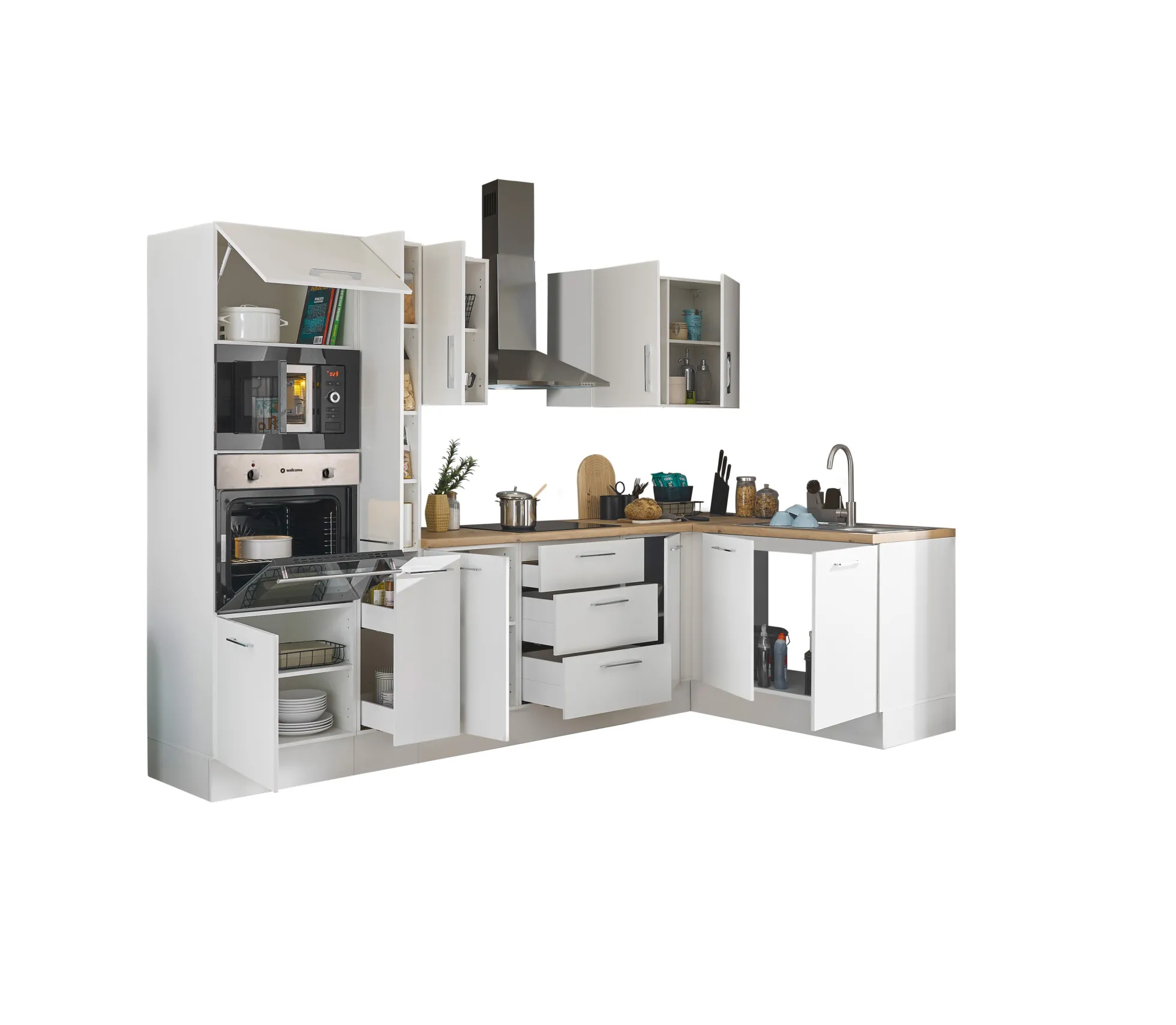 Küchenblock mit E-Geräten CORNWALL (Ecke-Backofen-Mikrowelle-Apotheker) I