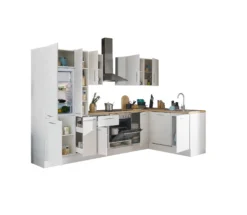 Küchenblock mit E-Geräten CORNWALL (Ecke-Geschirrspüler-Kühlschrank-Apotheker) I