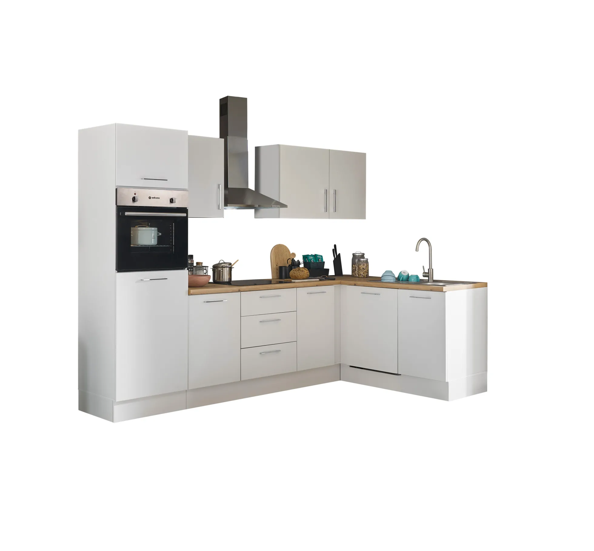 Küchenblock mit E-Geräten CORNWALL (Ecke-Backofen-Geschirrspüler-Kühlschrank) I