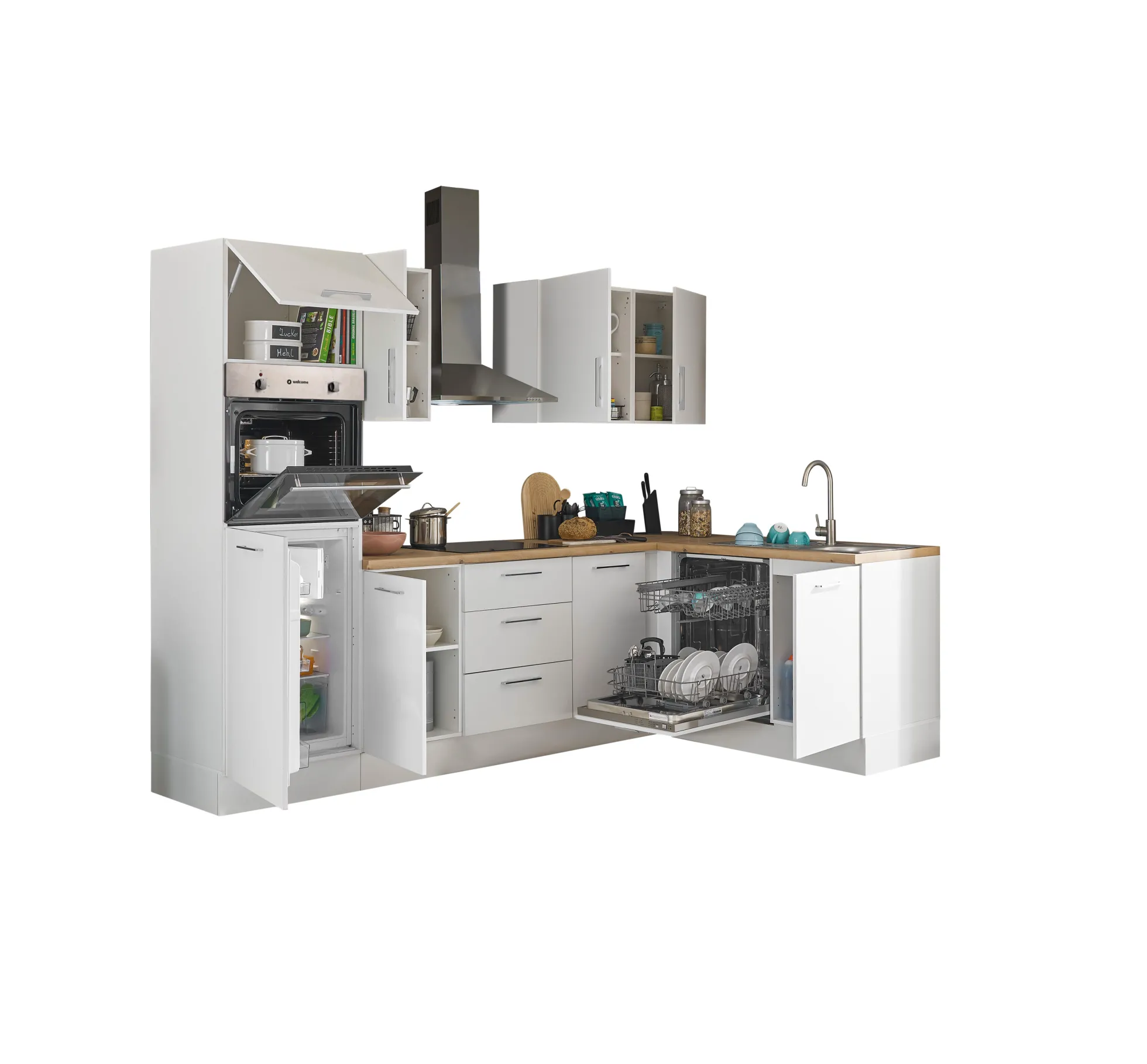 Küchenblock mit E-Geräten CORNWALL (Ecke-Backofen-Geschirrspüler-Kühlschrank) I