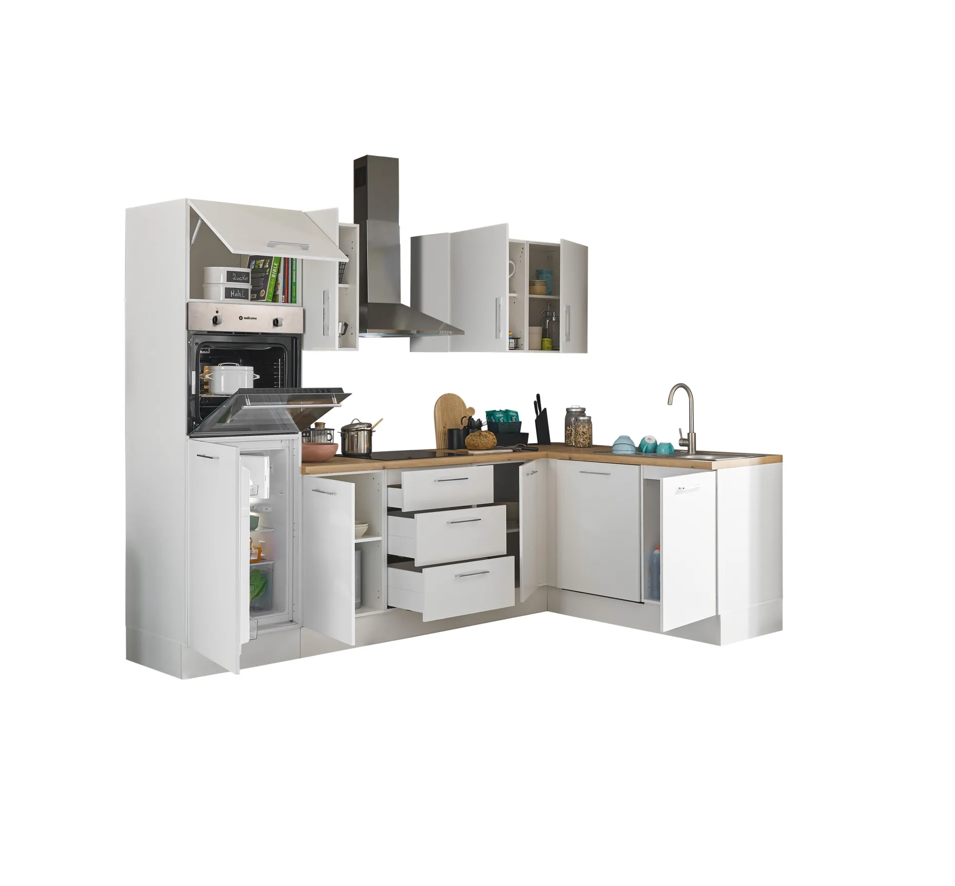 Küchenblock mit E-Geräten CORNWALL (Ecke-Backofen-Geschirrspüler-Kühlschrank) I