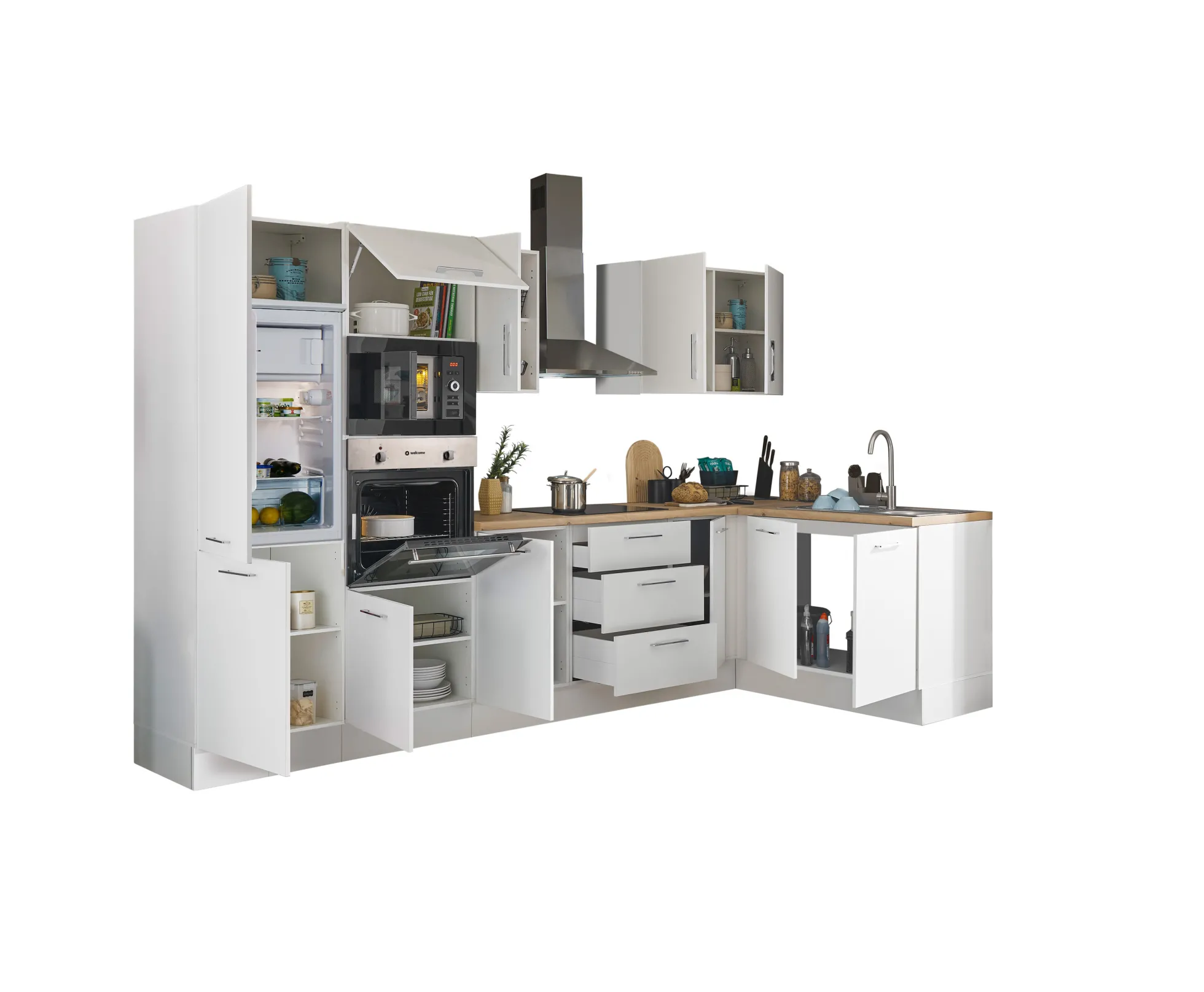 Küchenblock mit E-Geräten CORNWALL (Ecke-Backofen-Kühlschrank-Mikrowelle) I