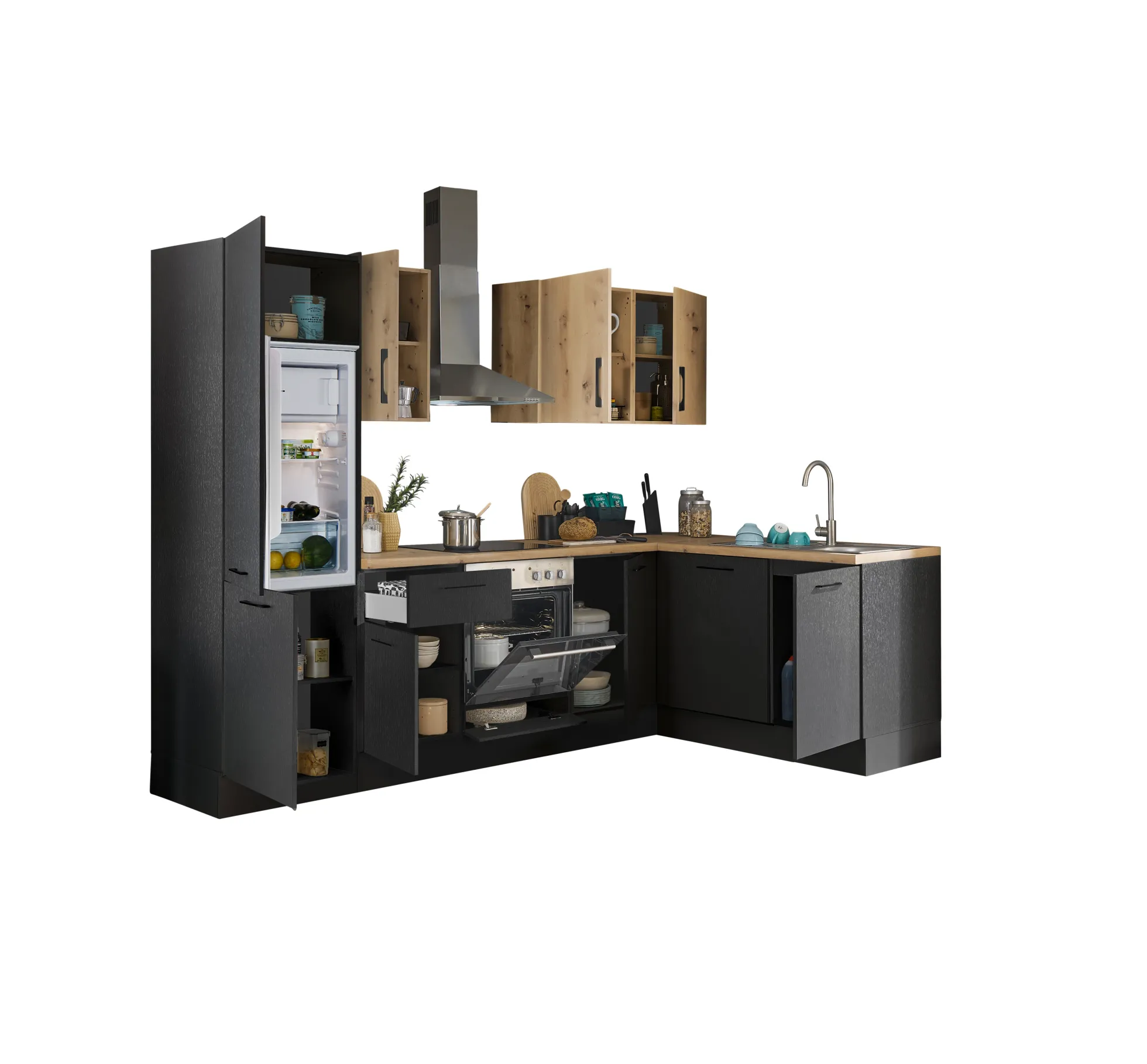Küchenblock mit E-Geräten CORNWALL (Ecke-Geschirrspüler-Kühlschrank) III