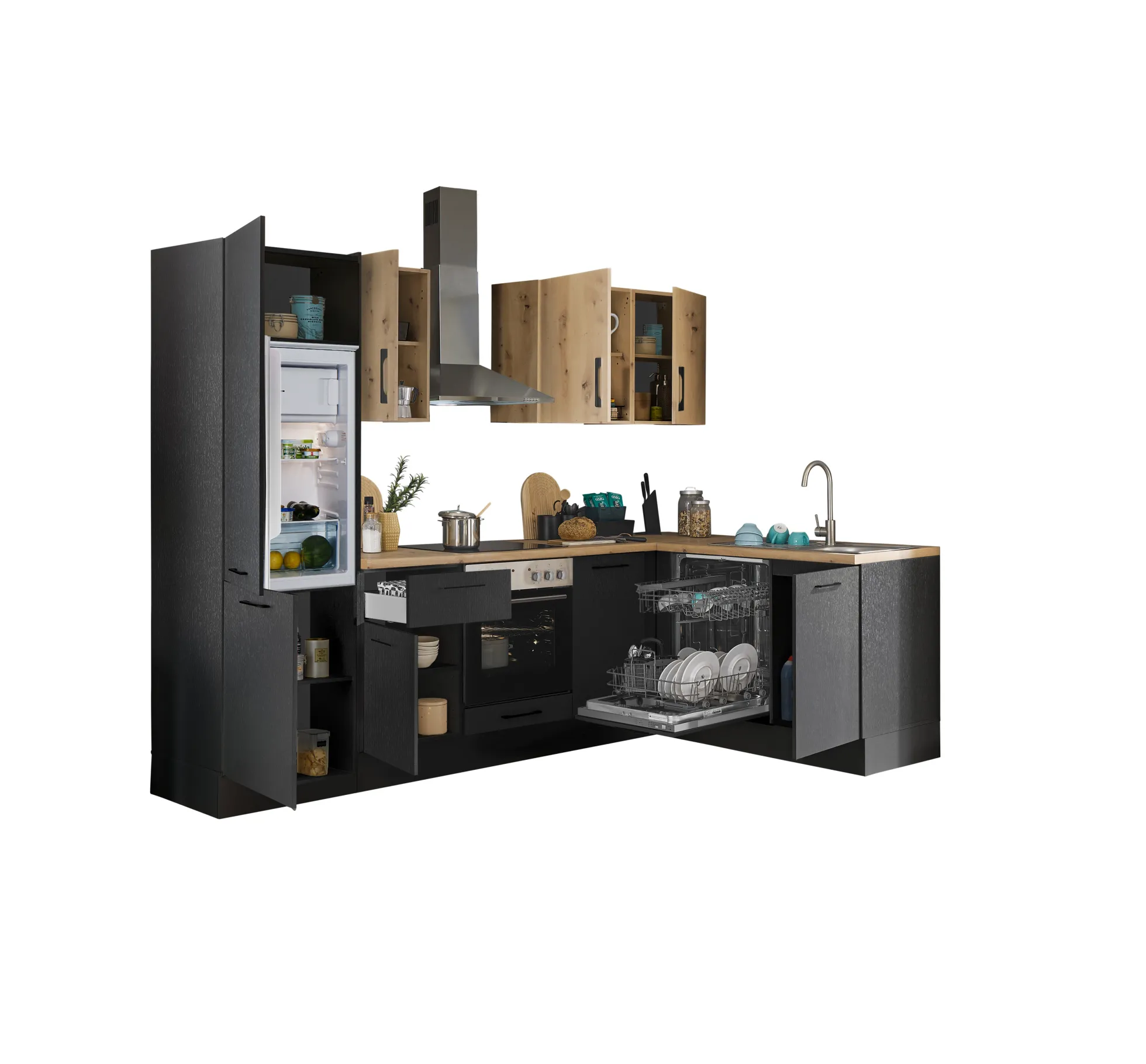 Küchenblock mit E-Geräten CORNWALL (Ecke-Geschirrspüler-Kühlschrank) III