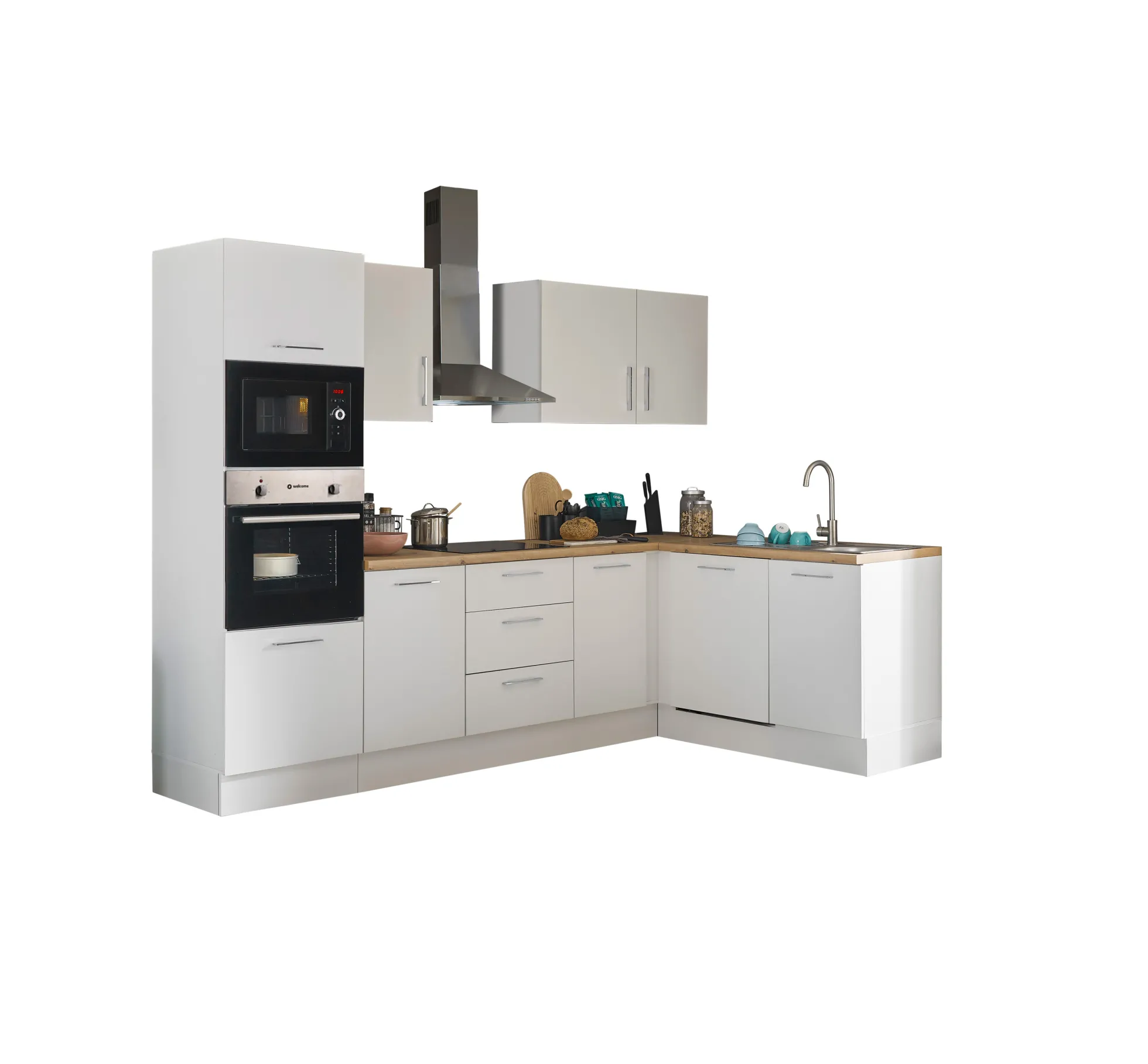 Küchenblock mit E-Geräten CORNWALL (Ecke-Backofen-Geschirrspüler-Mikrowelle) I