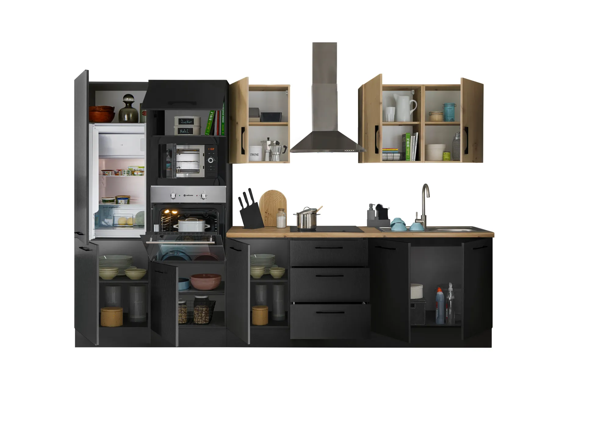 Küchenblock mit E-Geräten CORNWALL (Zeile-Backofen-Kühlschrank-Mikrowelle) III